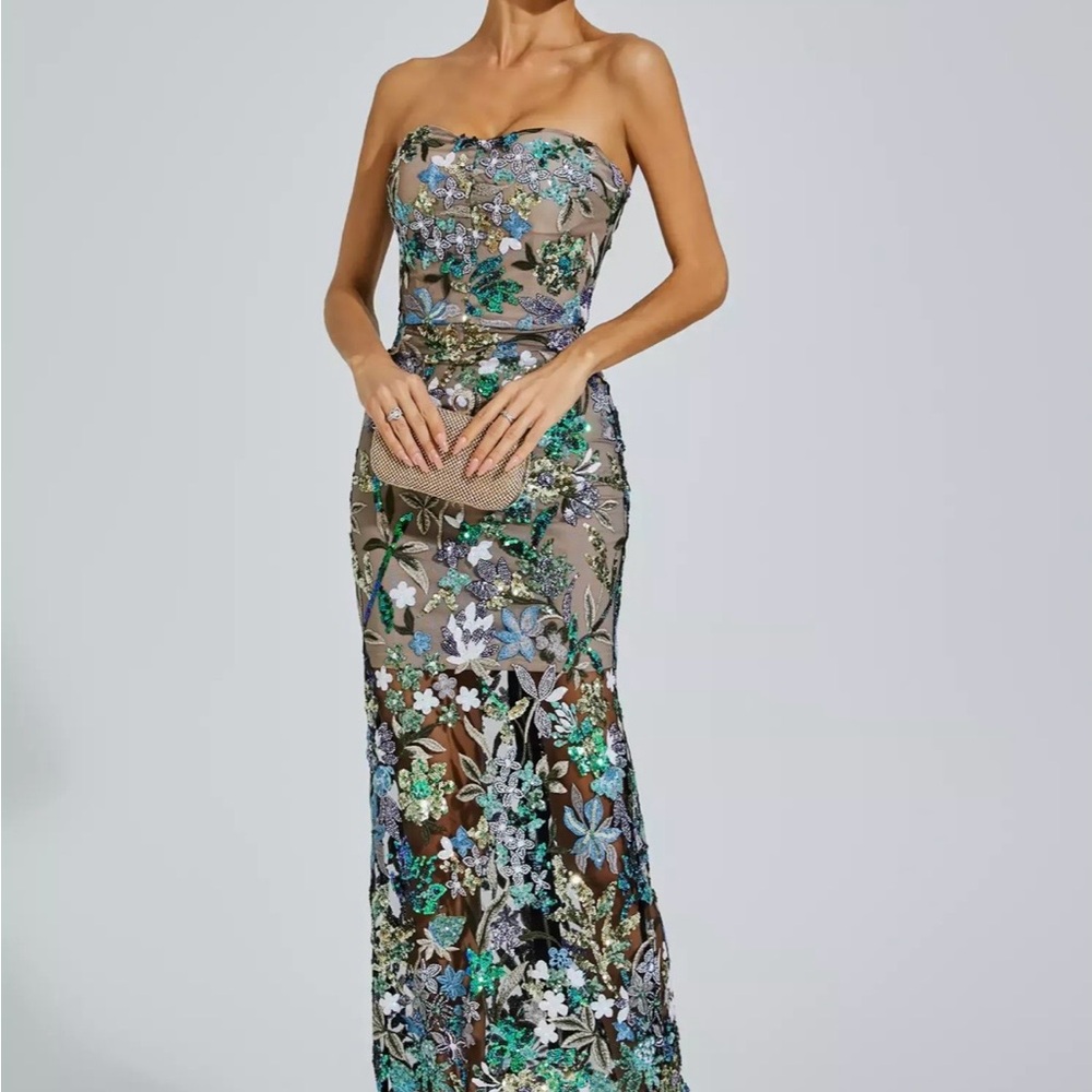 Strapless Floral Appliqué Midi Dress in Blue and Green; Sheer; Prom - Picture 4 of 8